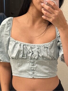 Free People Pale Blue Cropped Puff Sleeve Button Front Top